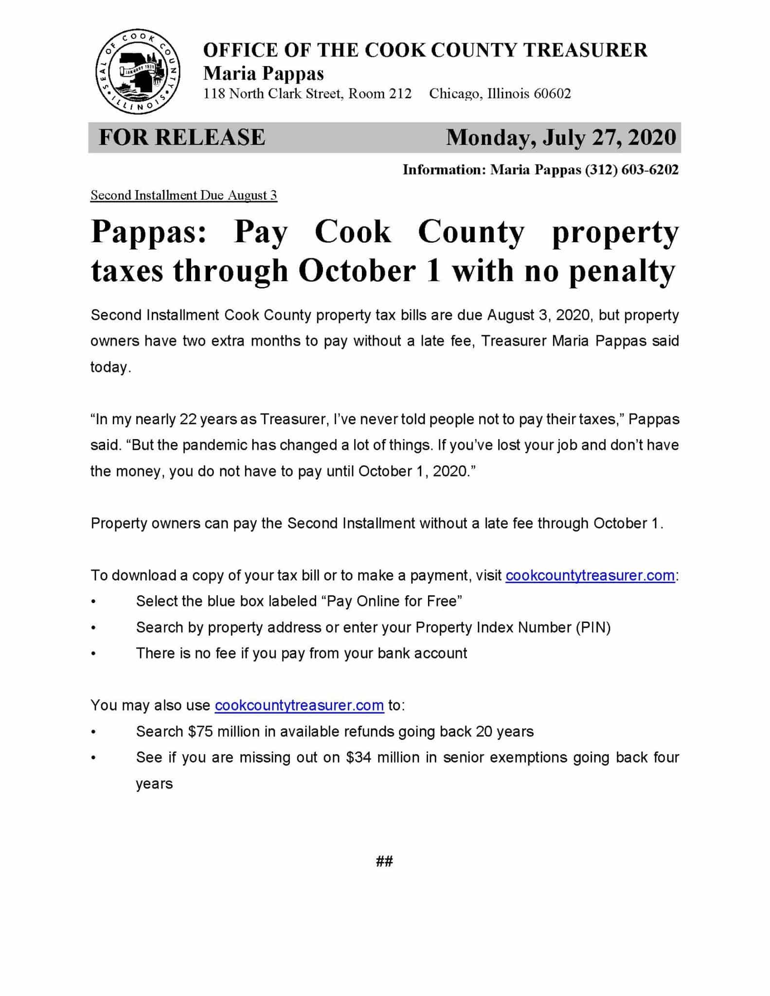 Pay Cook County property taxes through Oct. 1 with no penalty Village