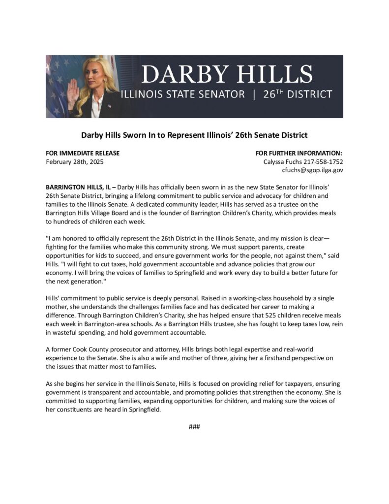 Darby Hills Sworn In to Represent Illinois' 26th Senate District ...